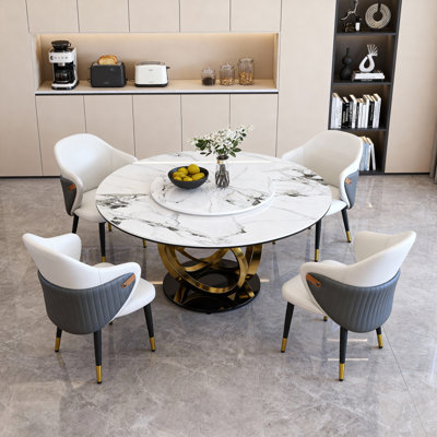 59" Round Dining Table with 360° Rotating Lazy Susan - Scratch/Heat-Resistant Sintered Stone Tabletop, for Dining Room, Kitchen, Dinette, Compact Space(4 chairs)  W2699S00100