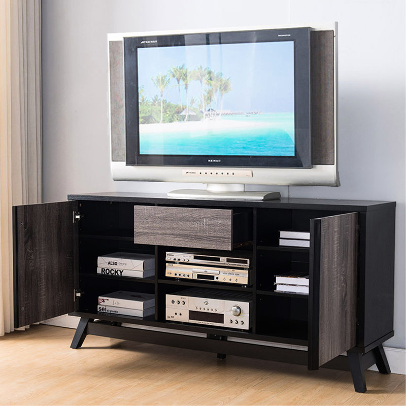 Élégant buffet de meuble télé noir et gris avec 2 portes, 1 tiroir, 6 tablettes