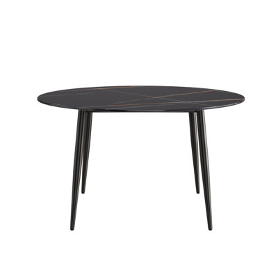 Table de salle à manger ronde de 53,15 po en pierre artificielle noire avec pieds en métal pouvant accueillir 6 personnes.
