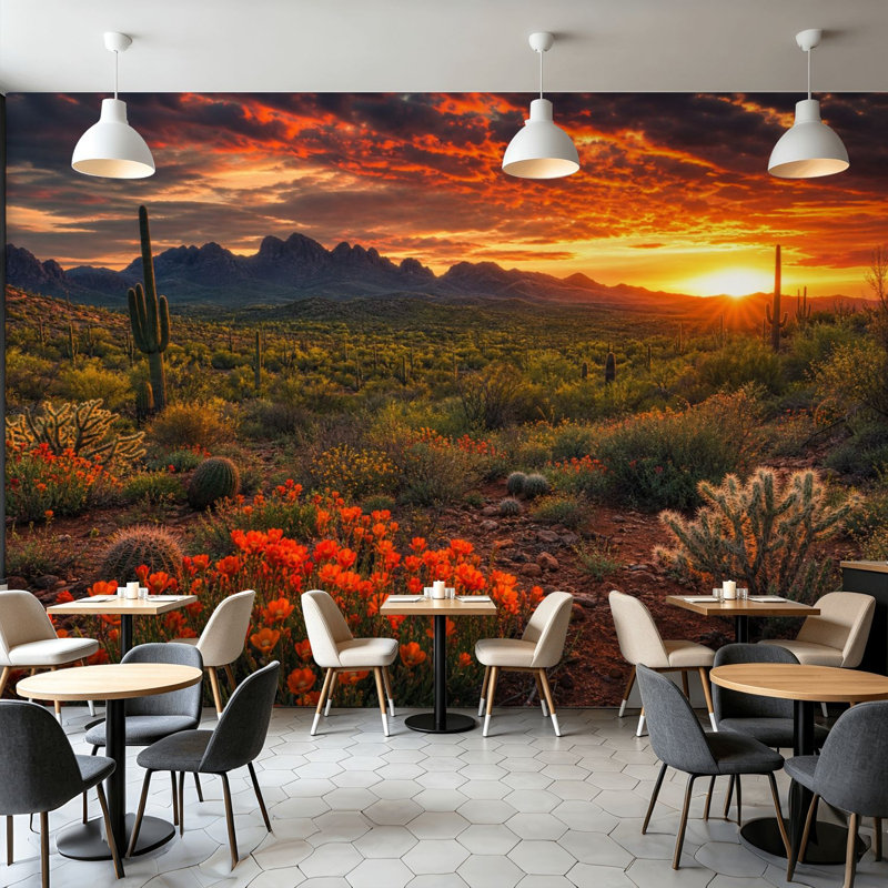 Papier peint adhésif peler et coller Cactus Wildflower Desert Sunset Vibrant Sky Mountains, art mural auto-adhésif et amovible