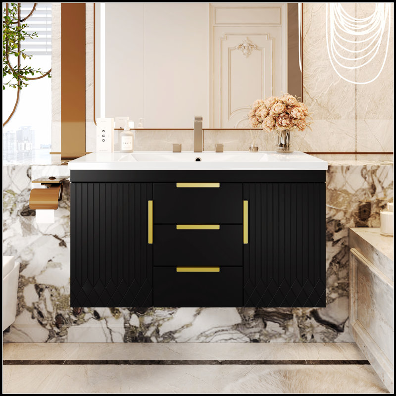 Meuble-lavabo mural 36 po avec lavabo en résine, armoire de rangement flottante et 2 tiroirs, fabrication en bois massif