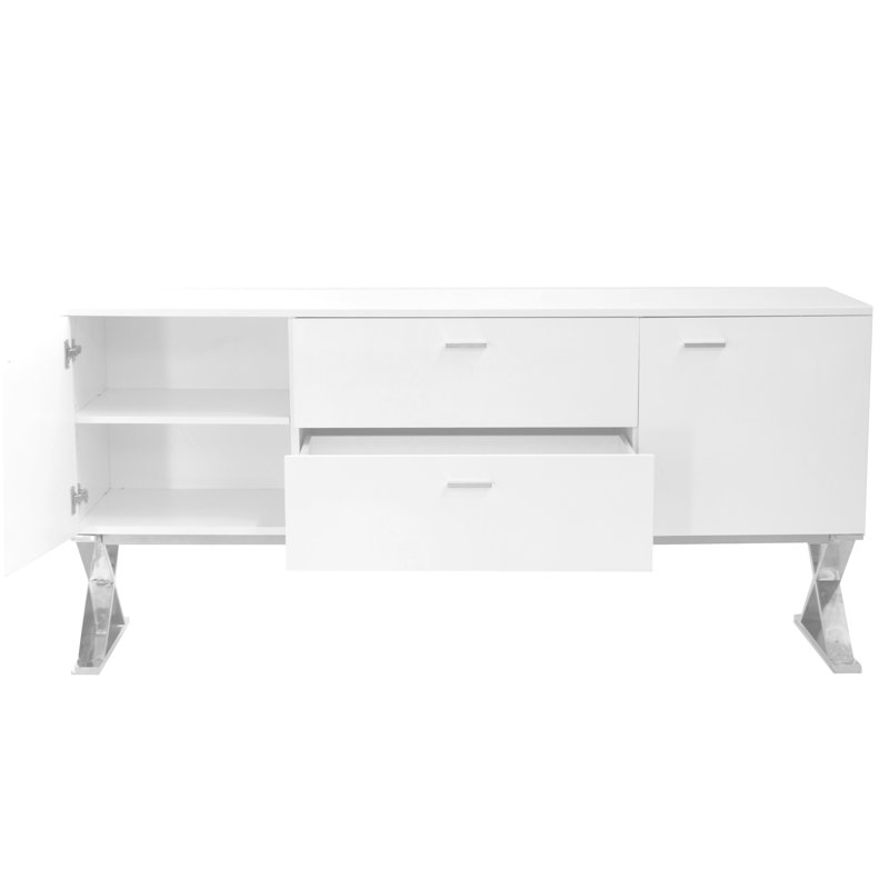 Contemporary White Lacquer Dining Buffet with Polished Silver Steel X-Legs and Storage Drawers, White