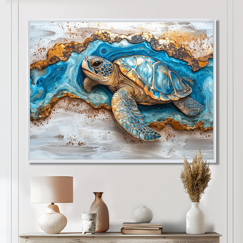 «Conin Turtle On Beach Landscape Collage», art mural tortue pour le salon, H 34 po x l 44 po, Cadre flottant, Blanc