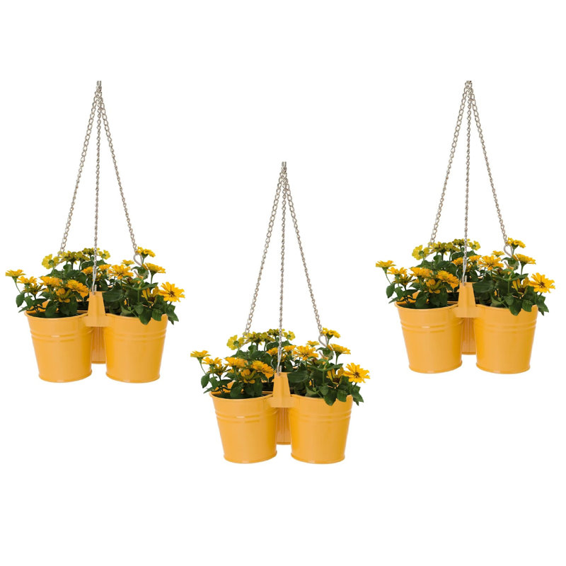 Enameled Galvanized Steel Triple Hanging Planter, Yellow