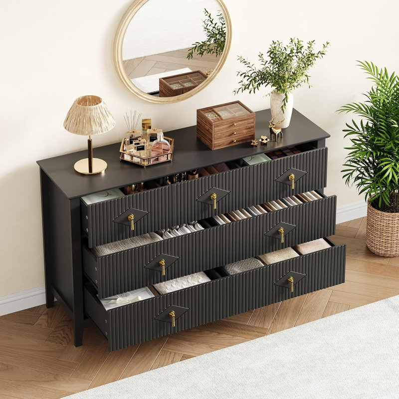 Commode pour chambre à coucher avec 7 tiroirs, commode moderne de 54 po avec poignée en métal, meuble télé, Noir
