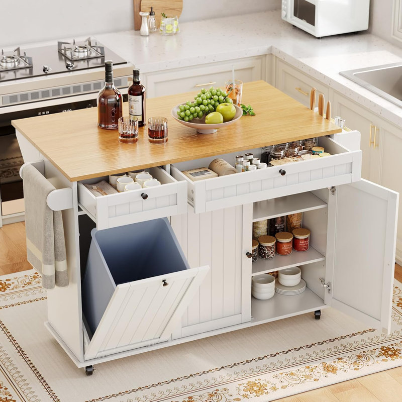 Rolling Kitchen Island Carts with Storage, 55" Wide Island Table on Wheels with Spice Rack, Towel Rack, Knife Holder and Trash Can Storage, Portable Mobile Island Table for Kitchen