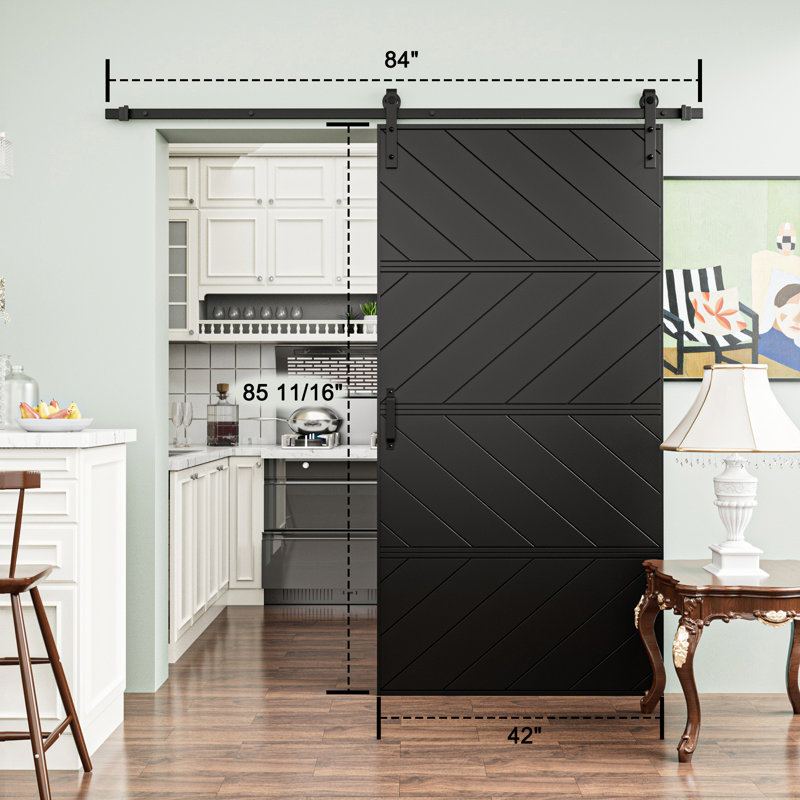 4-Panel Sliding Barn Door Solid Wood Prefinished With Installation Hardware Kit(Four-Section Assembly), 42" x 84", Black