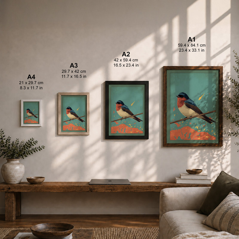 Perched Songbird Modern - Framed Print, A3 - 42.0 x 29.7 cm, Oak