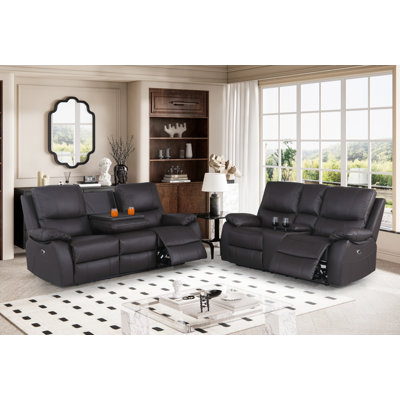 Llanas 2 Piece Pillow Top Arm Genuine Leather Recliner Loveseat + Sofa, Cup Holders