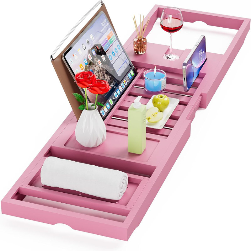 Freestanding Foldable Bamboo Bathtub Tray With Expandable Sides & Multi-Compartment Storage - Space-Saving Tray For Book, Tablet And Wine Organization