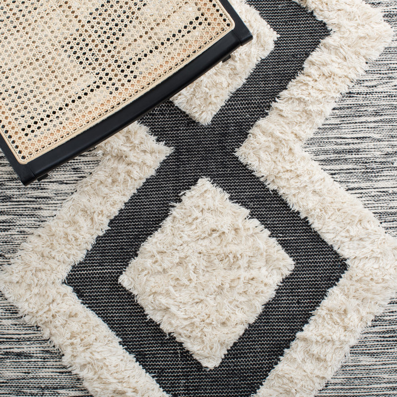 Tapis en laine / coton tissé à la main Kenya en noir / ivoire, Rectangle 6 pi x 9 pi