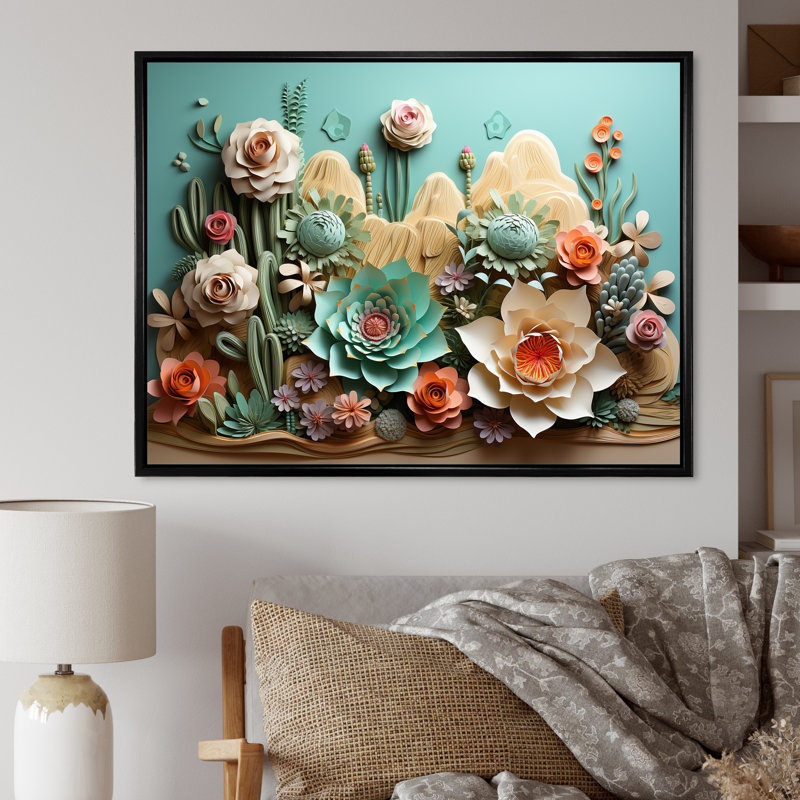 Cactus Mint Mirage - Cactus, reproduction d'art sur toile, H 24 po x l 32 po x P 1 po, Cadre flottant noir