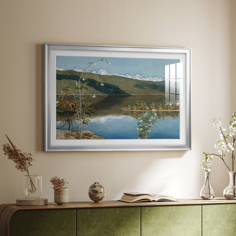 Paysage de lac avec des fleurs blanches - Inconnu (monogramme EK / AKK) - reproduction encadrée avec passe-partout et verre - 1899