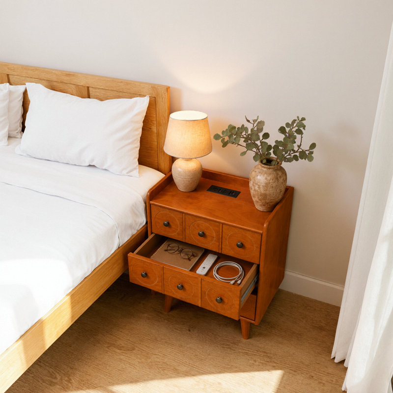 3-Drawer End Table with Charging Station, Bedside Table with Solid Wood Legs