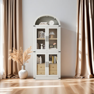 71.7 Inch Tall Arched Bookcase, Glass Door Arched Cabinet with 2 Inner Drawers, Freestanding Arched Display Storage Cabinet with Anti-Tipping Device for Living Room, Bedroom, Black