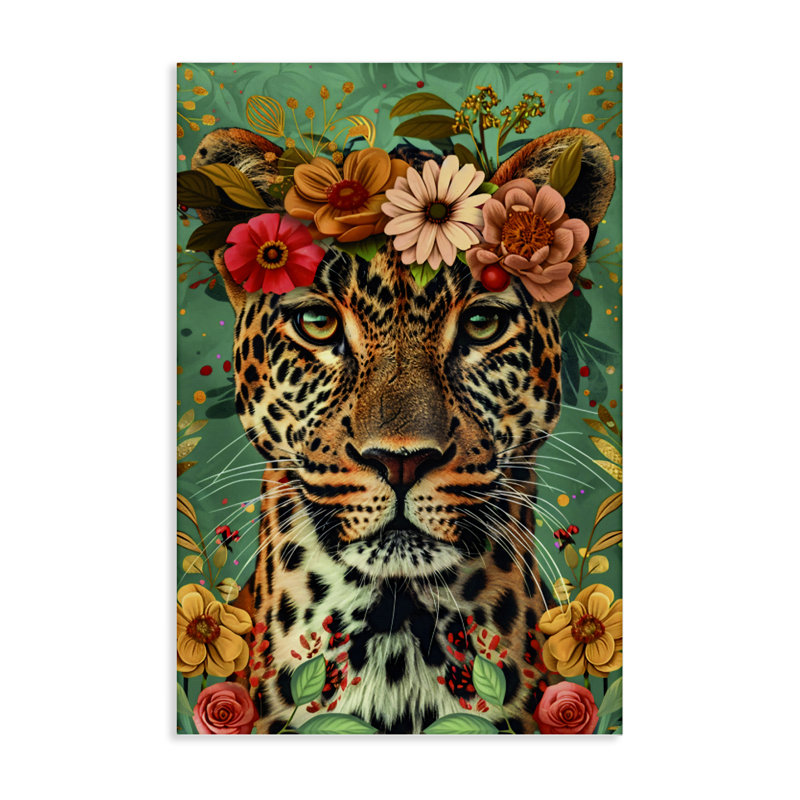 Art floral sur toile guépard couronné floral, design par LSR Design Studio, H 45 po x l 30 po