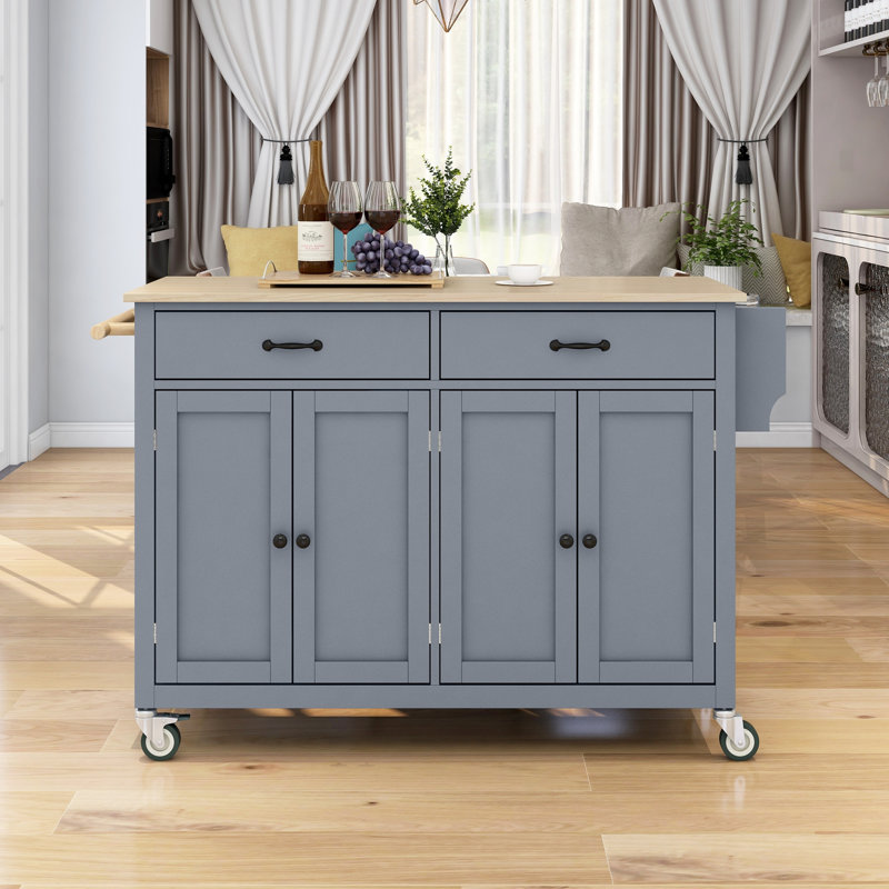 Kitchen Island Cart - Solid Wood Top, 4 Door Cabinet, 2 Drawers, Spice & Towel Rack, Locking Wheels  Grey Blue Finish With Storage And