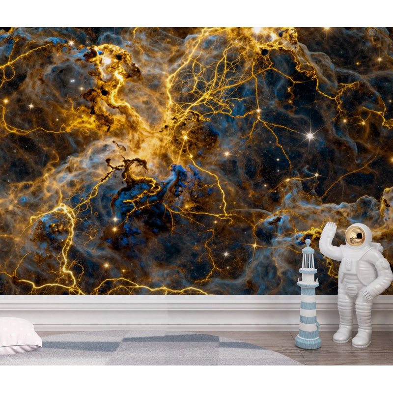 Papier peint abstrait nébuleuse cosmique, galaxie murale or liquide, décor d'espace luxueux, peler et coller céleste