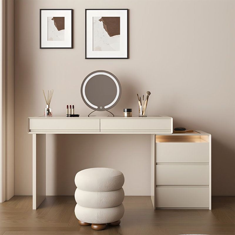 Commode à maquillage crème tout-en-un en bois massif crème avec tiroirs de rangement, H 29,53 po x l 47,24 po x P 15,75 po