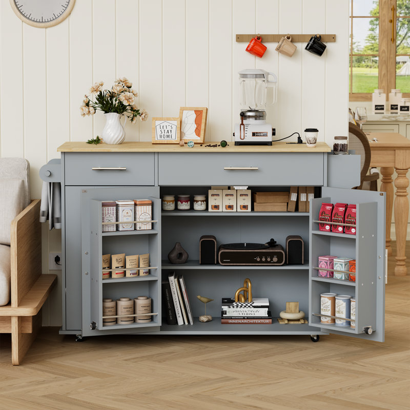 Rolling Kitchen Island With Trash Can Storage, Drop Leaf & Power Outlet, Towel Rack & Spice Rack, Large Mobile Island Table For Kitchen
