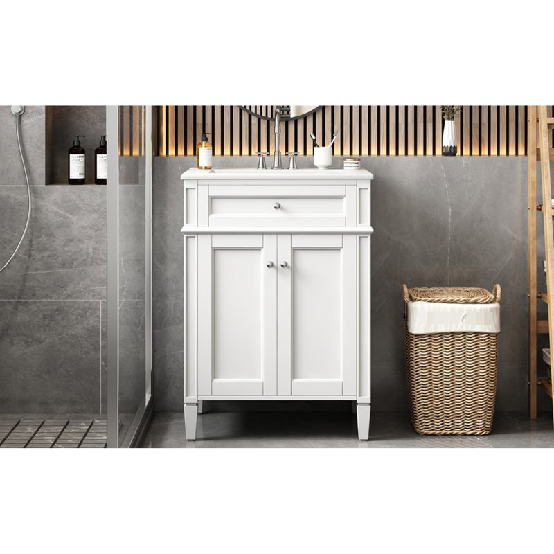 Meuble-lavabo 24 po avec lavabo, armoire, organisateurs de tiroirs et meuble-lavabo de 24 po au design élégant pour les petits espaces, deux portes, un tiroir basculant, un lavabo brillant, un cadre solide