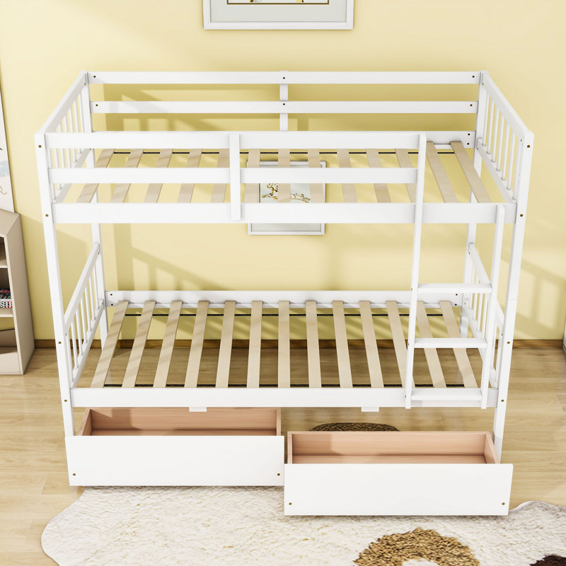 2 Drawers Wooden Bunk Bed, Twin Over Twin, White