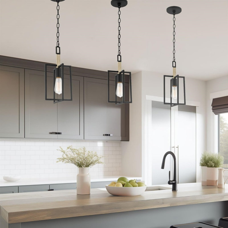 15" Pendant Light + Open Design, Bleached Oak Wood Finish + Sandblasted Black Finish
