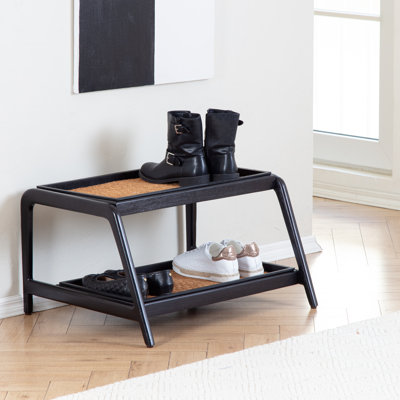 Premium Solid Wood Boot Tray Stand with Natural Coir Mat - Entryway & Mudroom Shoe Organizer