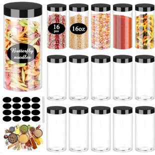 Plastic Jar With Lids 16Oz Clear Empty Containers 16Pcs Straight Cylinders Storage Jars With Airtight Black Lid Stackable Refillable Round Plastic Jars For Kitchen Food & Home Storage