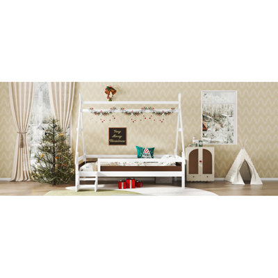 Lit plateforme simple avec escalier, structure de lit simple en bois massif, profil bas et design amusant enfantin, blanc