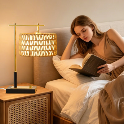 19.68'' H Modern Earthy Black/brass Metal Desk Lamps With Usb And Handwoven Shade For Living Room/bedroom