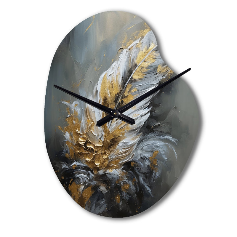 Plume dorée Boho Chic Feathers IV - Glam Feather forme irrégulière horloge murale, horloge murale asymétrique, Grand