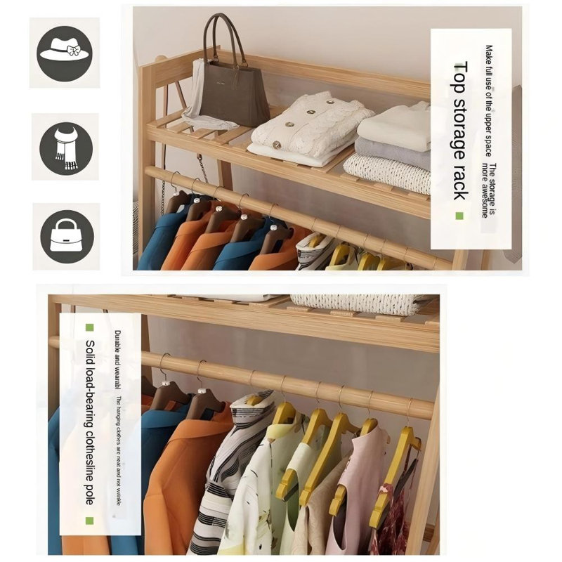 Portant à vêtements en bois de bambou avec porte-vêtements et étagères de rangement l 51 po, Naturel