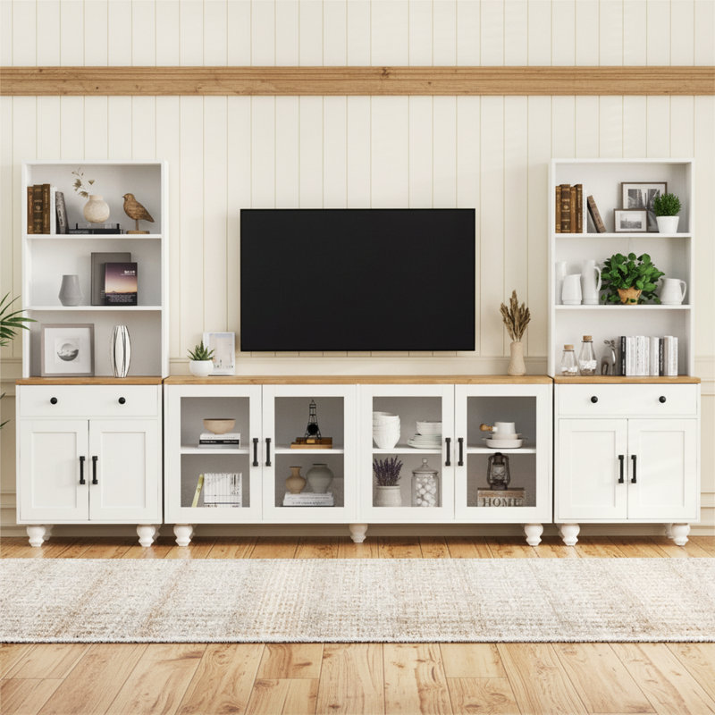 Farmhouse Media Console with Bookshelves & Tempered Glass Doors, Adjustable Storage, Fits TVs up to 70" – White/Natural