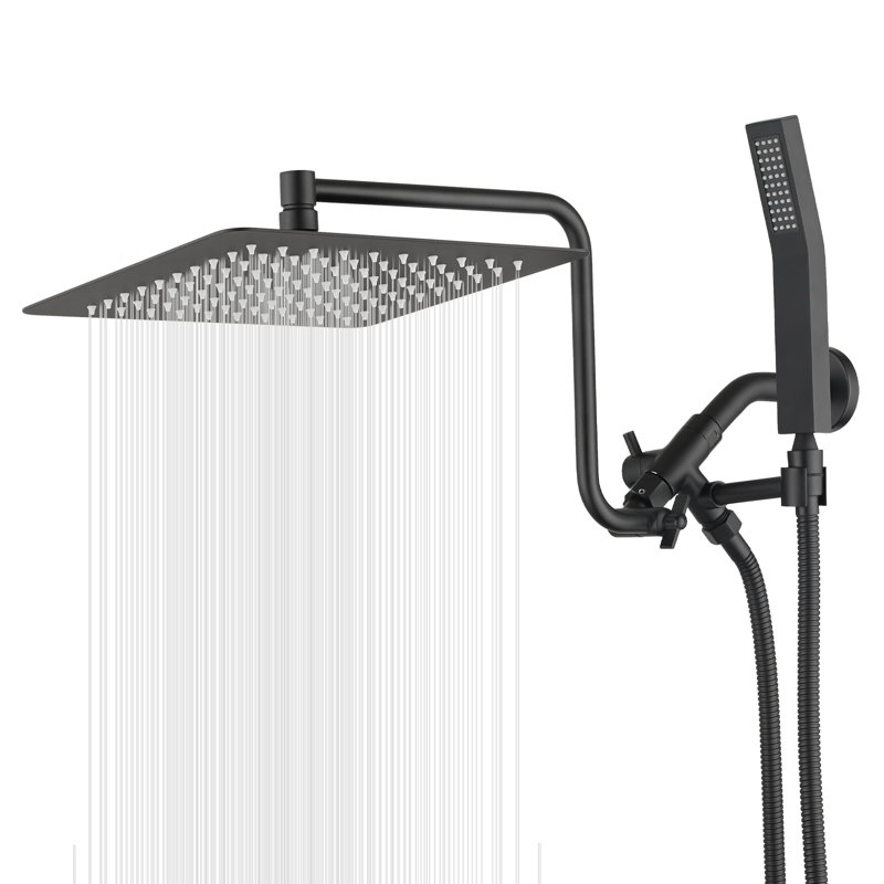 Pomme de douche à pluie 10 pouces avec douchette combinée avec bras d'extension réglable de 12 pouces, Matte Black