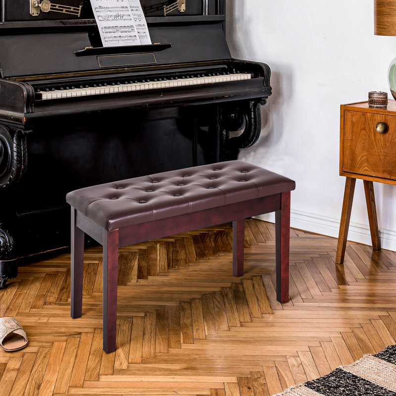 Tabouret de piano rembourré en similicuir brun avec revêtement en bois et siège pour le duo