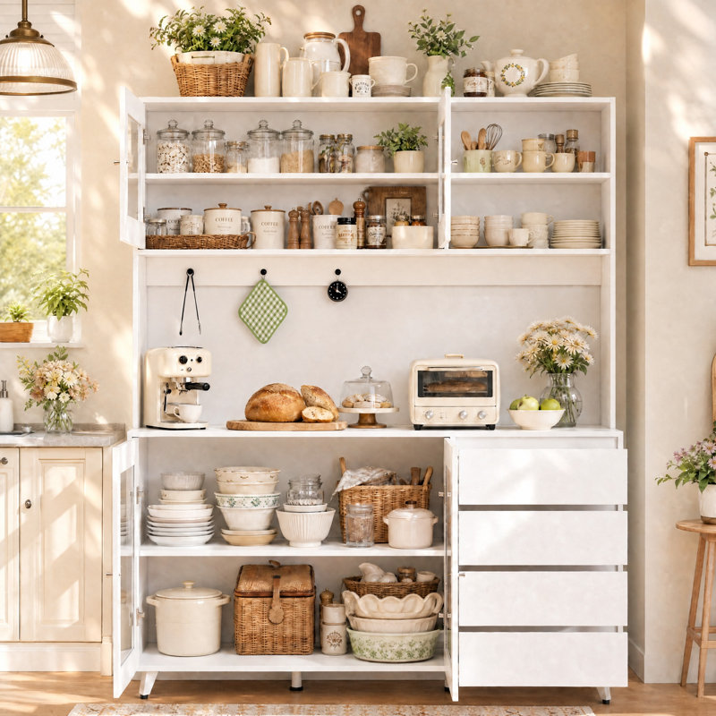 Garde-manger avec porte en verre trempé et rangement solide Garyson, Blanc
