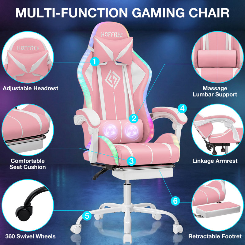 Hoffree Reclining Ergonomic PC & Racing Game Chair with LED Lights & Massage Lumbar Pillow, Pink