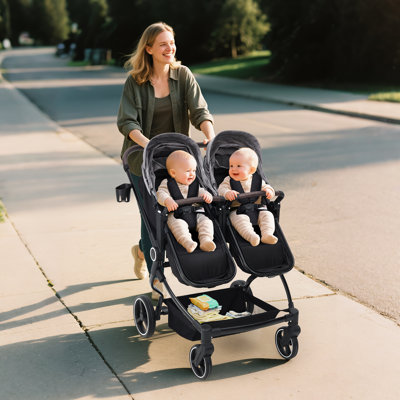 Poussette double côte à côte pour les jumeaux, poussette de voyage pliable pour bébé avec siège haut pour paysage, auvent réglable et inclinable
