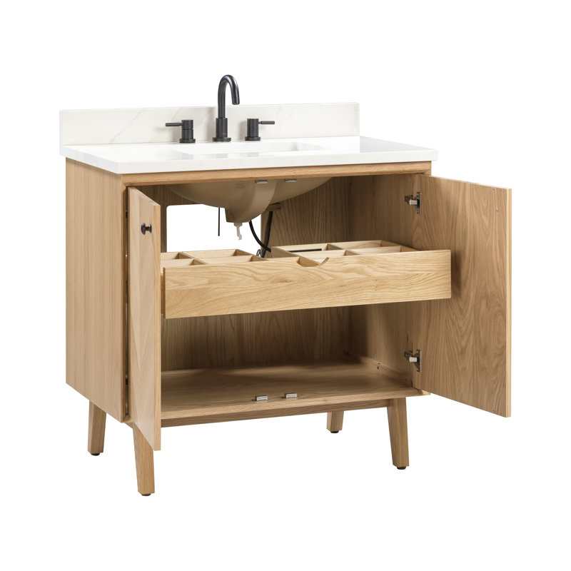 Adele 36'' Free Standing Single Bathroom Vanity with Quartz Top, Black, Natural