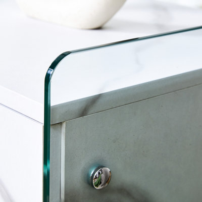 White And Glass Bedside Table, Simple Design With Drawer For Practical Storage Table Drawer, Glass, Yet Elegant Solution