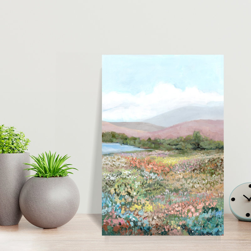 «Blooming Fields By A Tranquil Lake Abstract Contemporary Landscape Nature», art mural, H 18 po x l 12 po