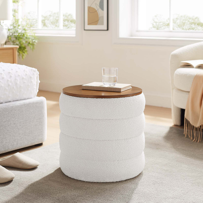 Cloud Boucle Fabric Round Storage Ottoman with Wood Grain Veneer Lid