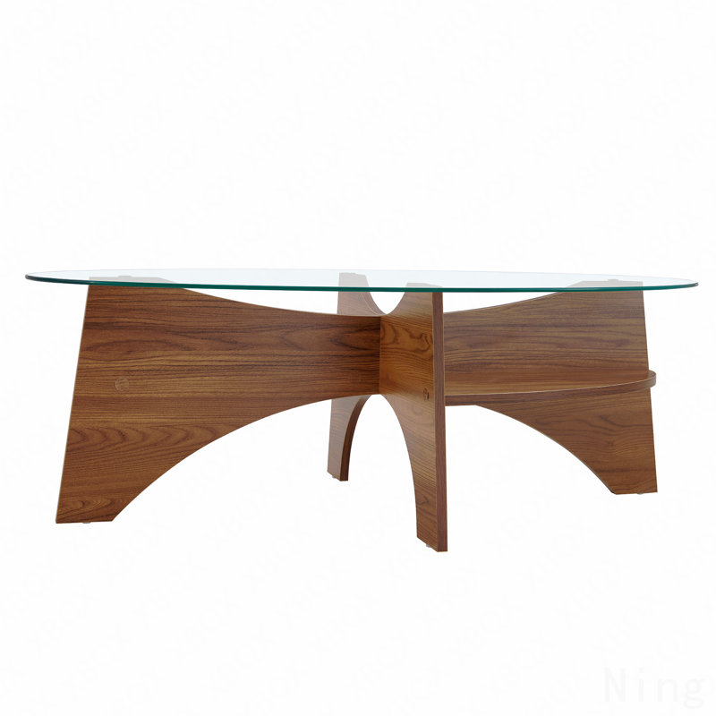 Oval Tempered Glass Coffee Table - 41.3"x23.6" Multi-Functional Design.Oval Tabletop.Walnut Wood Color Diagonal fan-shaped tray design Table Leg.Suitable for dining rooms, living rooms, offices.