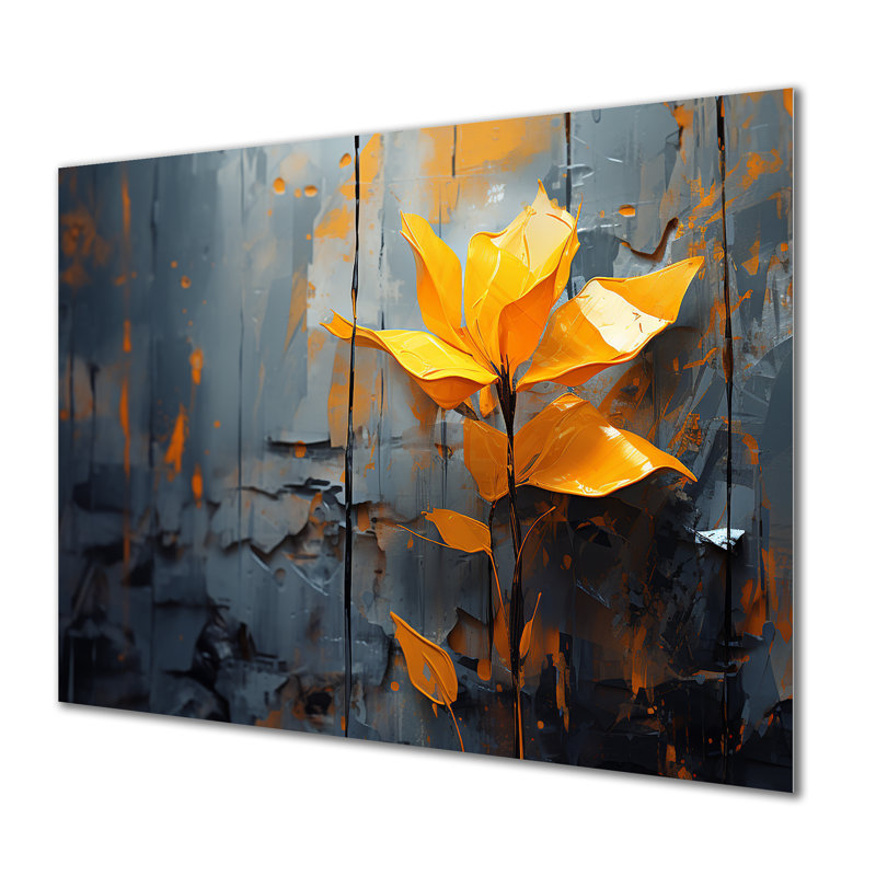 «Tropicale jaune et gris» - art mural abstrait en collages en métal, H 24 po x l 32 po x P 1 po