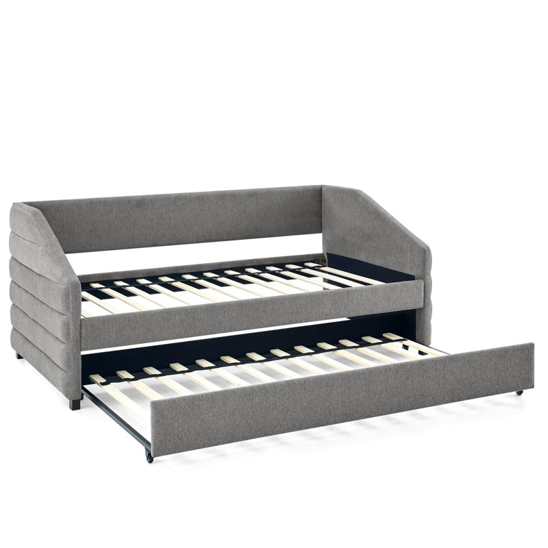 Lit de jour simple en lin gris avec lit gigogne et lit gigogne polyvalent, Lit simple, Gris