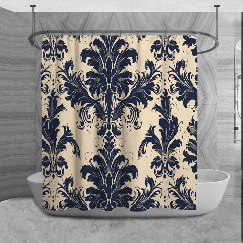 Acanthus Shower Curtain Mediterranean Bathroom Decor Navy, H 84 po x l 70 po