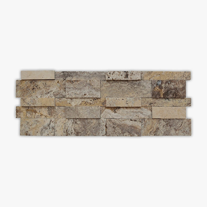 Scabos Honed 7x20 Interlocking 3-Dimensional Travertine Ledger Panel, Light Brown