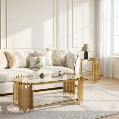 Ensemble de tables basses et tables d'appoint Modern Luxury, 2 tables gigognes ovales en verre avec tiges verticales en métal, finition dorée polie pour le bureau du salon