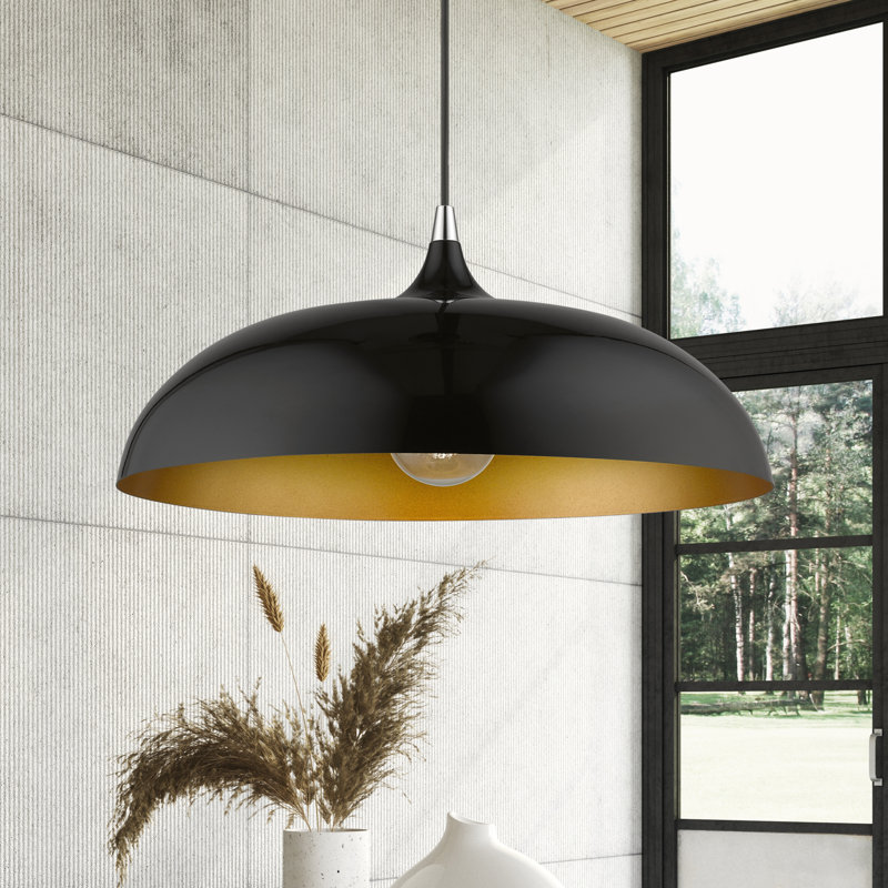 Harleigh Shaded Dome Pendant, Shiny Black/Polished Chrome, Shiny Black/Gold, 123" H x 23.75" W